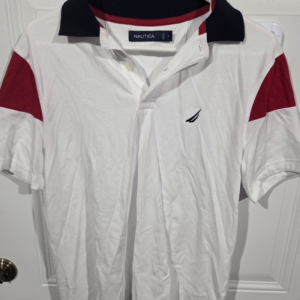 Nautica Men's Polo Shirt in White and Red with Black Collar
